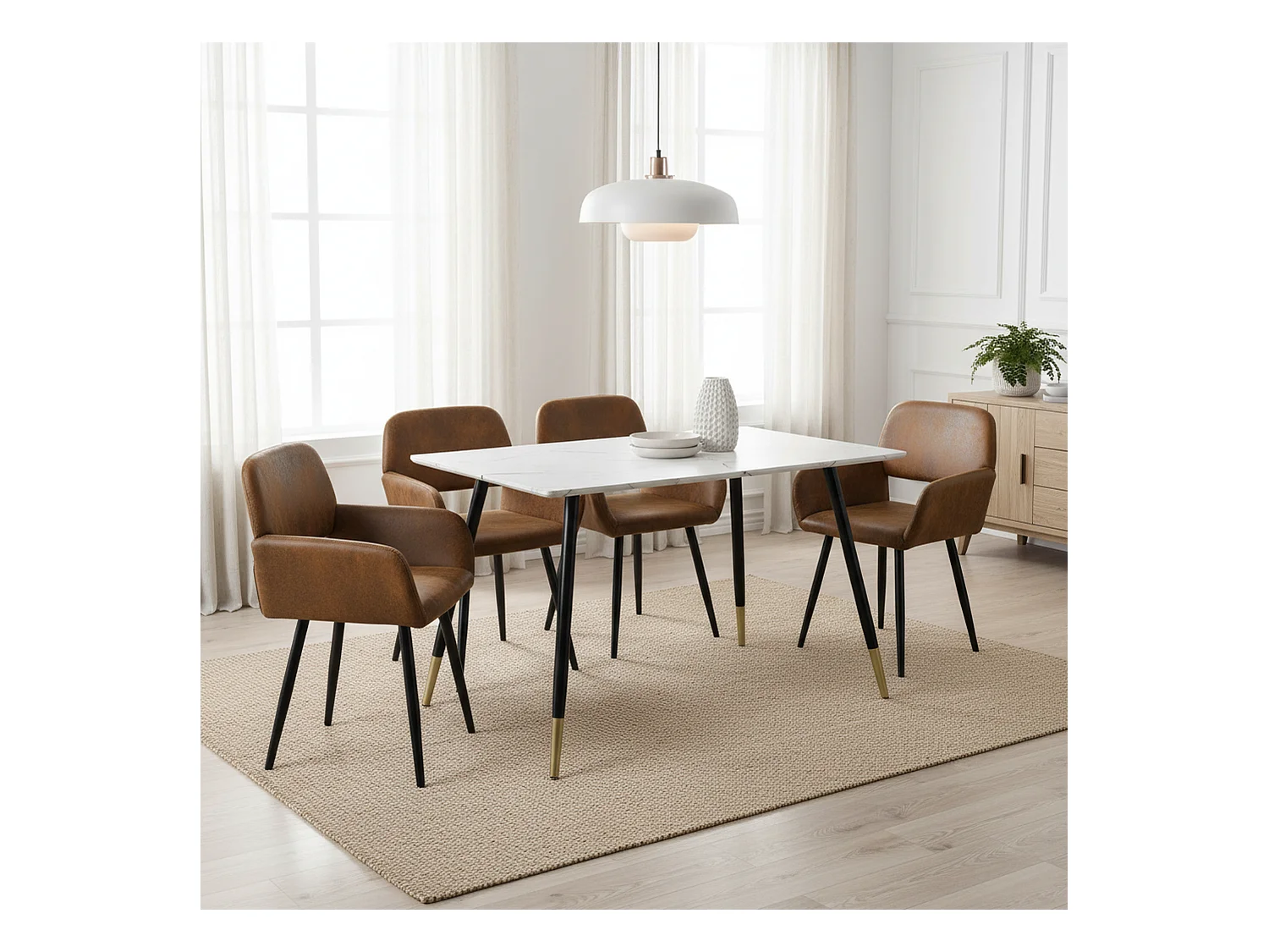 URBAN MEUBLE Ensemble table marbre blanc et 4 chaises suède brun avec accoudoirs