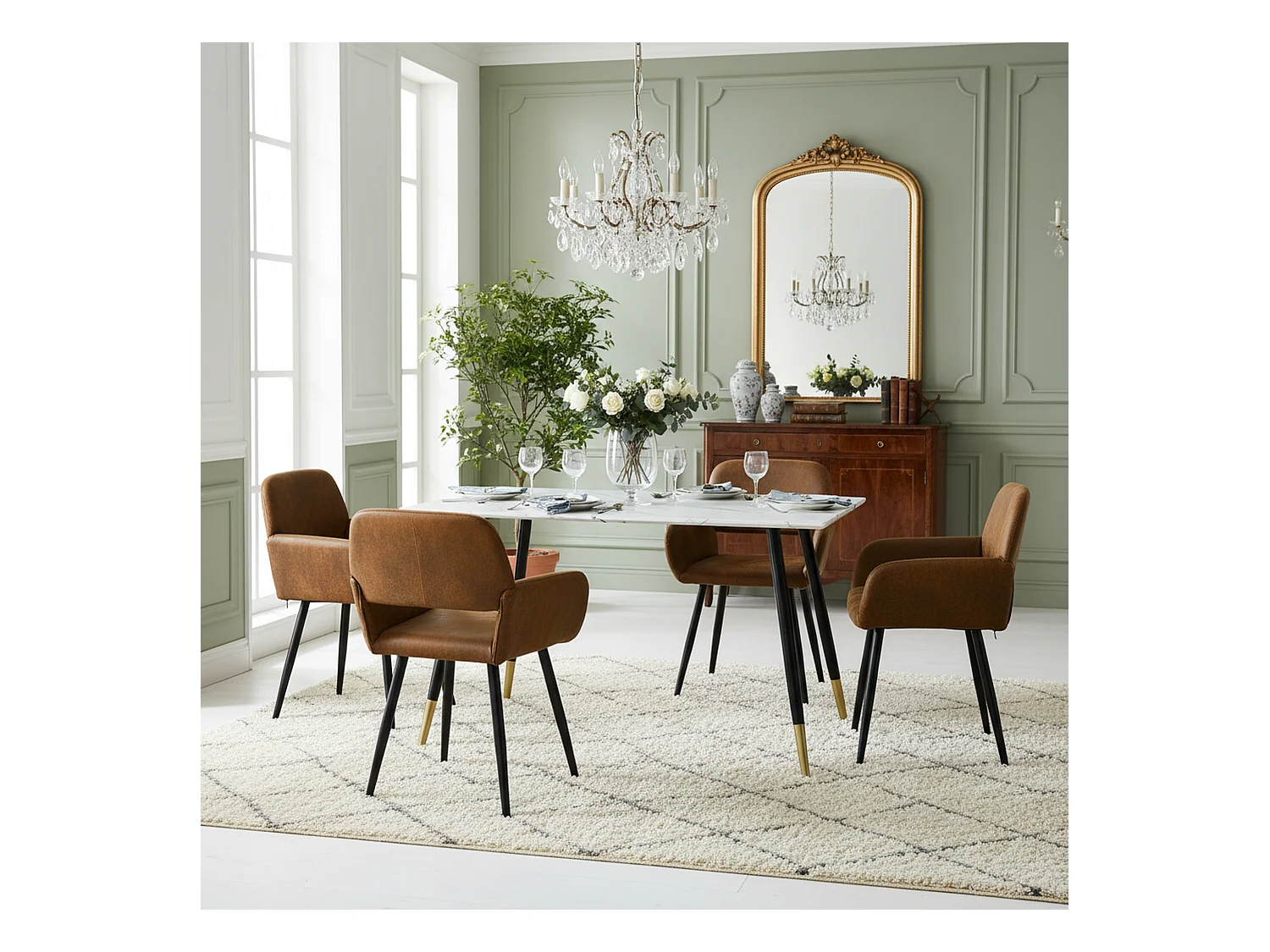 URBAN MEUBLE Ensemble table marbre blanc et 4 chaises suède brun avec accoudoirs