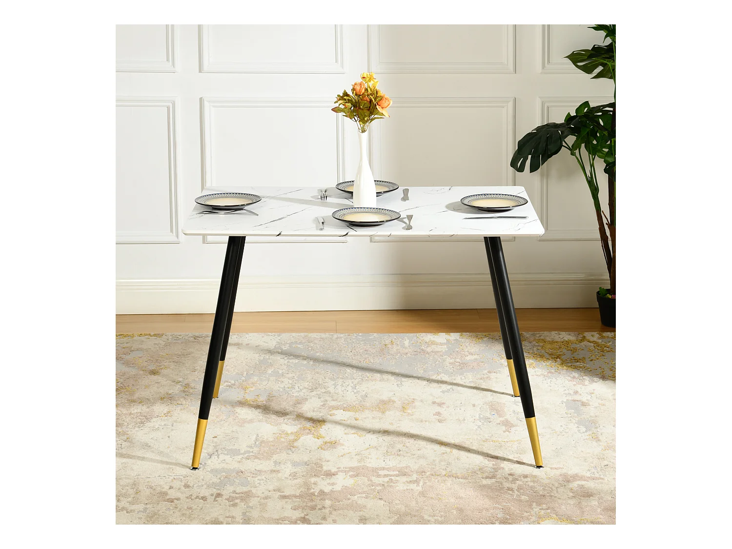 URBAN MEUBLE Ensemble table marbre blanc et 4 chaises suède brun avec accoudoirs