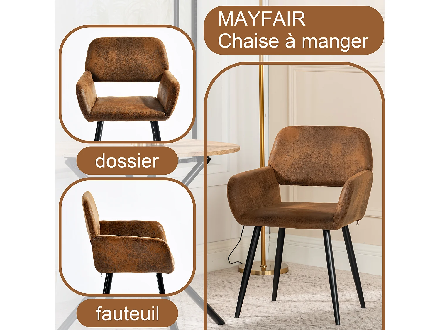 URBAN MEUBLE Ensemble table marbre blanc et 4 chaises suède brun avec accoudoirs