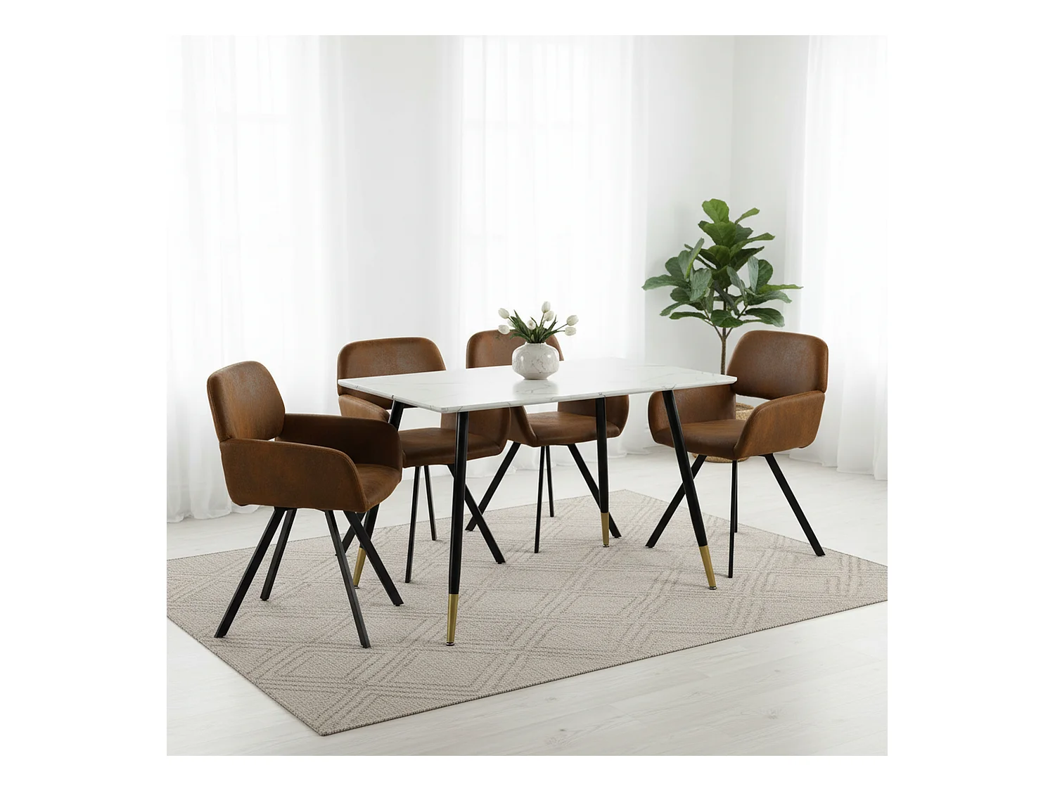 URBAN MEUBLE Ensemble table marbre blanc et 4 chaises suède brun avec accoudoirs