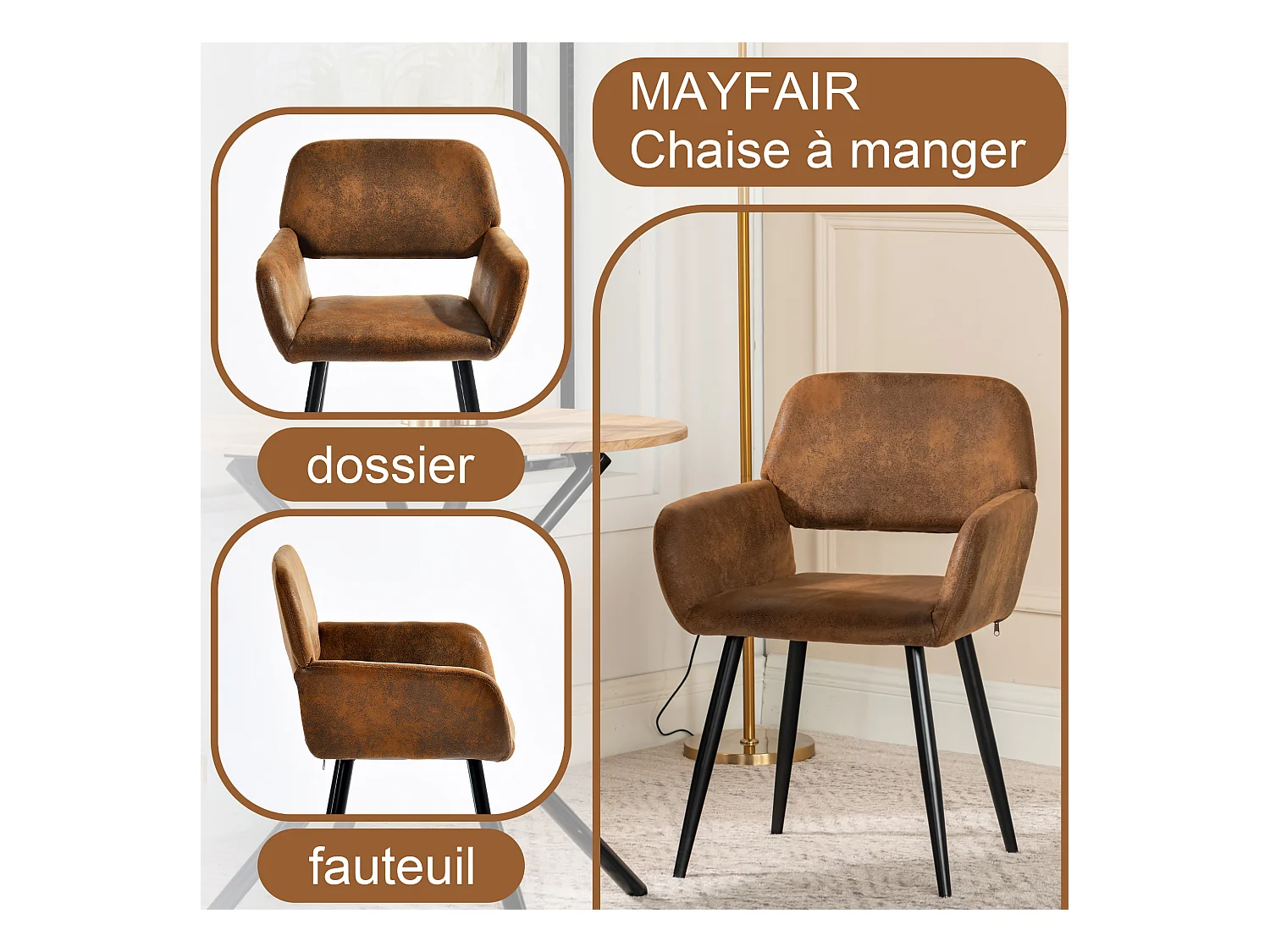 URBAN MEUBLE Ensemble table marbre blanc et 4 chaises suède brun avec accoudoirs