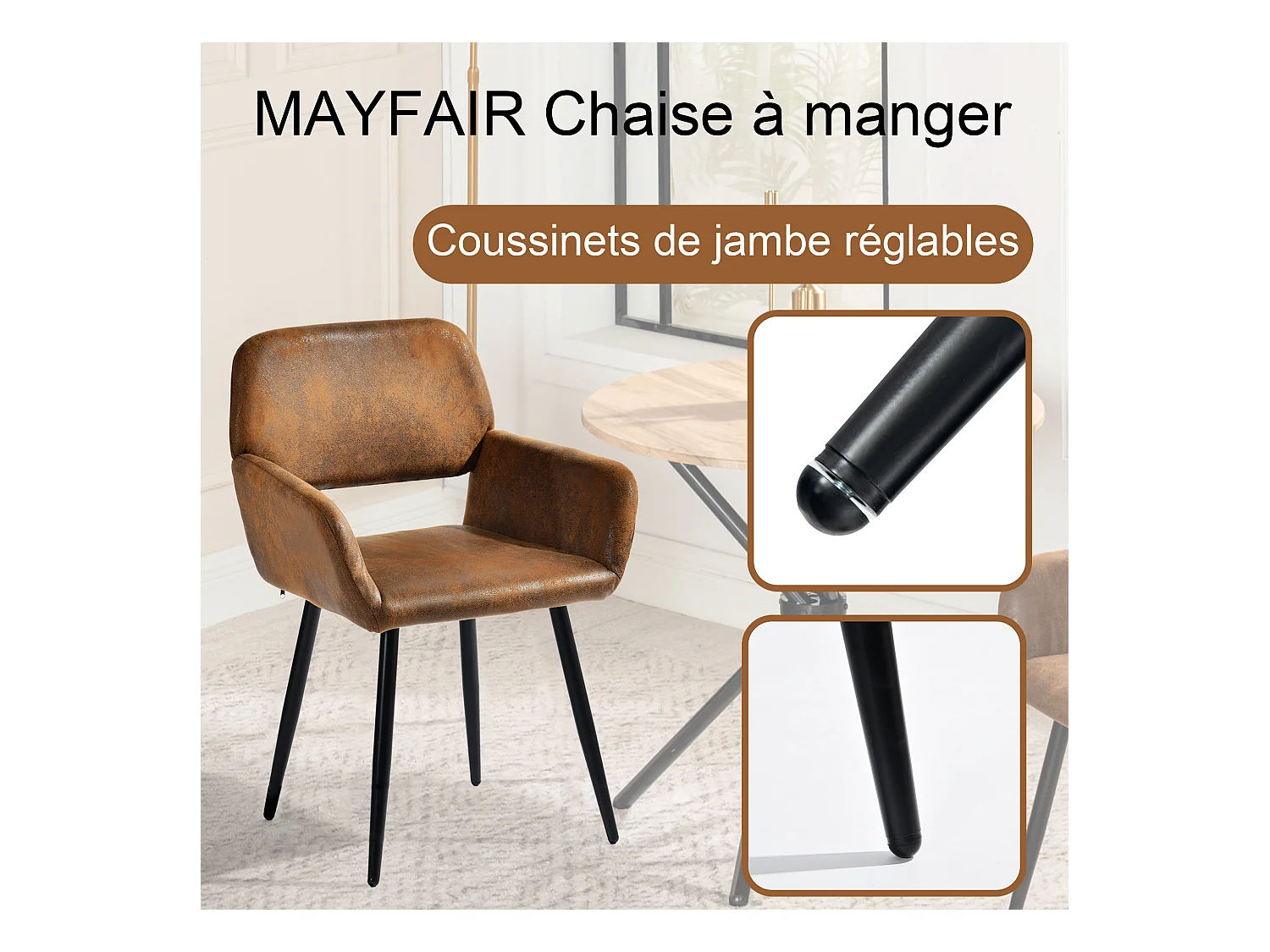 URBAN MEUBLE Ensemble table marbre blanc et 4 chaises suède brun avec accoudoirs