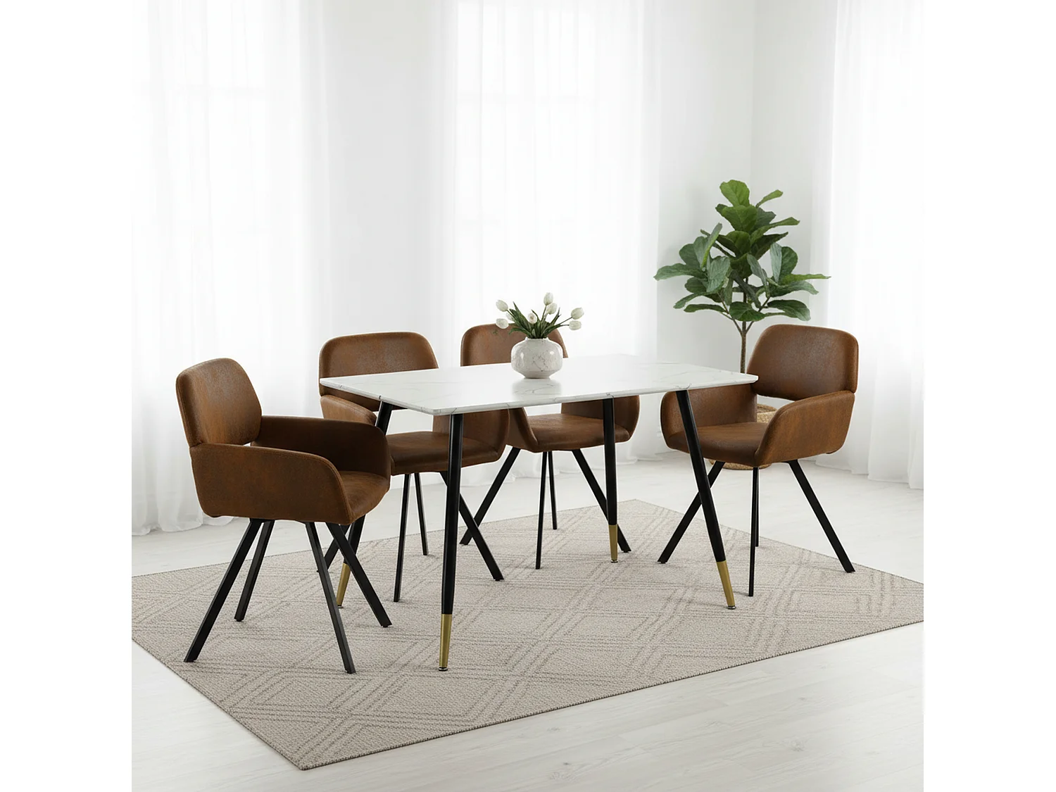 URBAN MEUBLE Ensemble table marbre blanc et 4 chaises suède brun avec accoudoirs