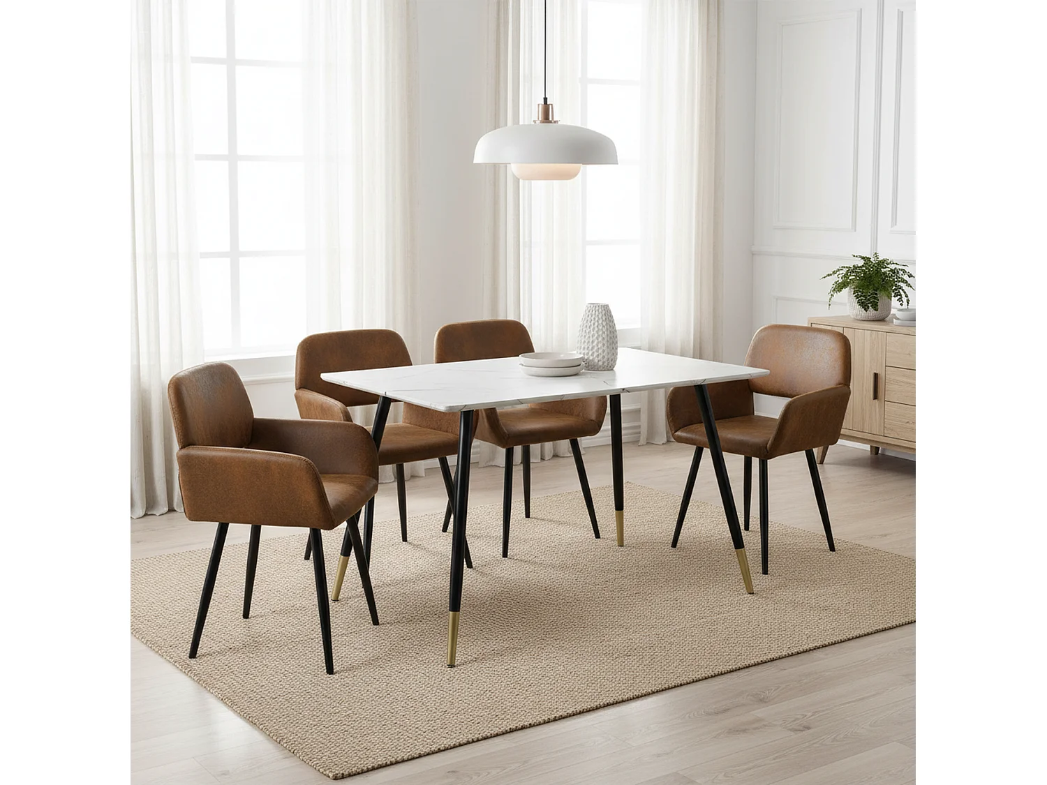 URBAN MEUBLE Ensemble table marbre blanc et 4 chaises suède brun avec accoudoirs