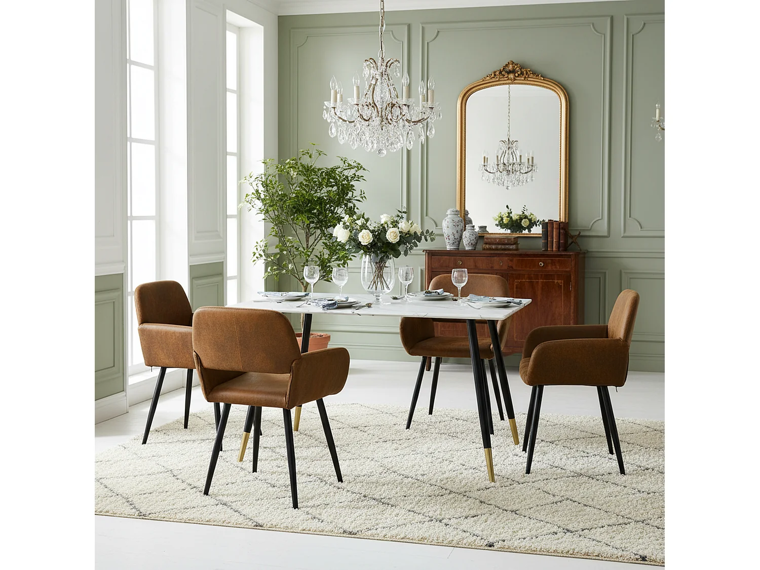 URBAN MEUBLE Ensemble table marbre blanc et 4 chaises suède brun avec accoudoirs