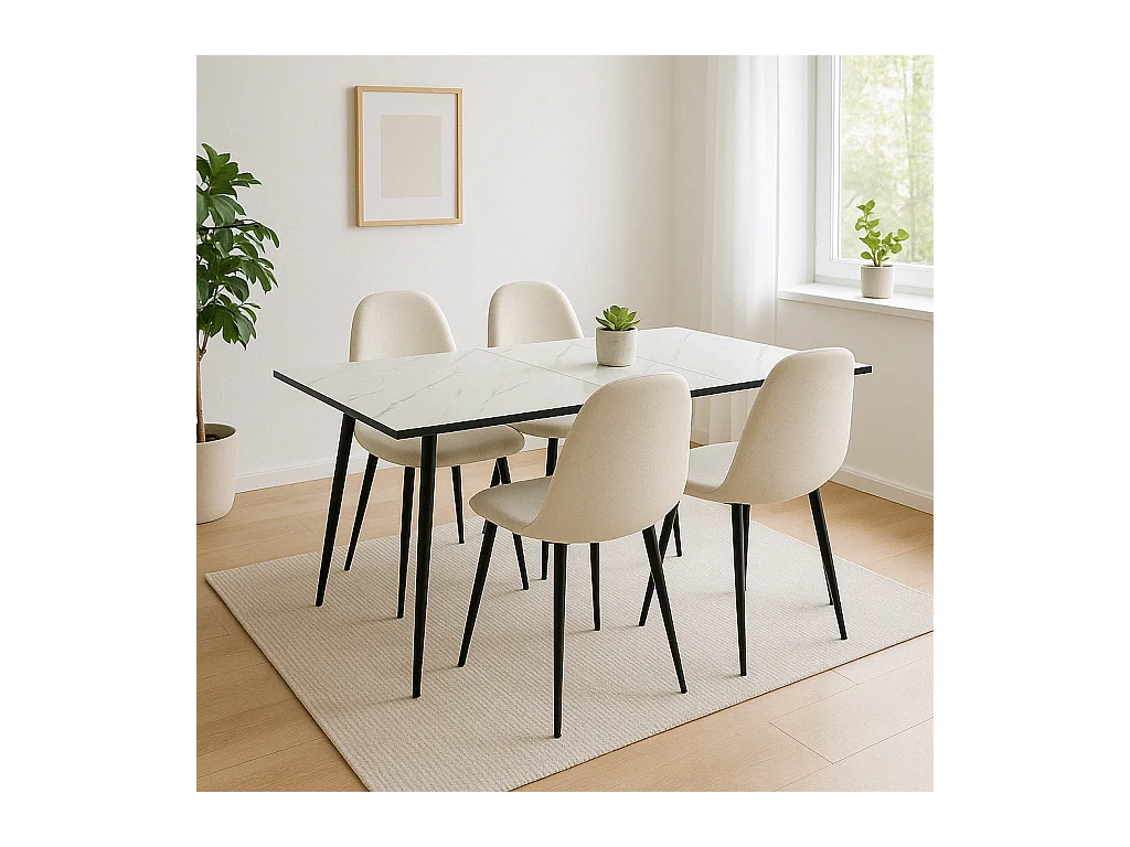 URBAN MEUBLE Ensemble table extensible marbre blanc et 4 chaises tissu beige