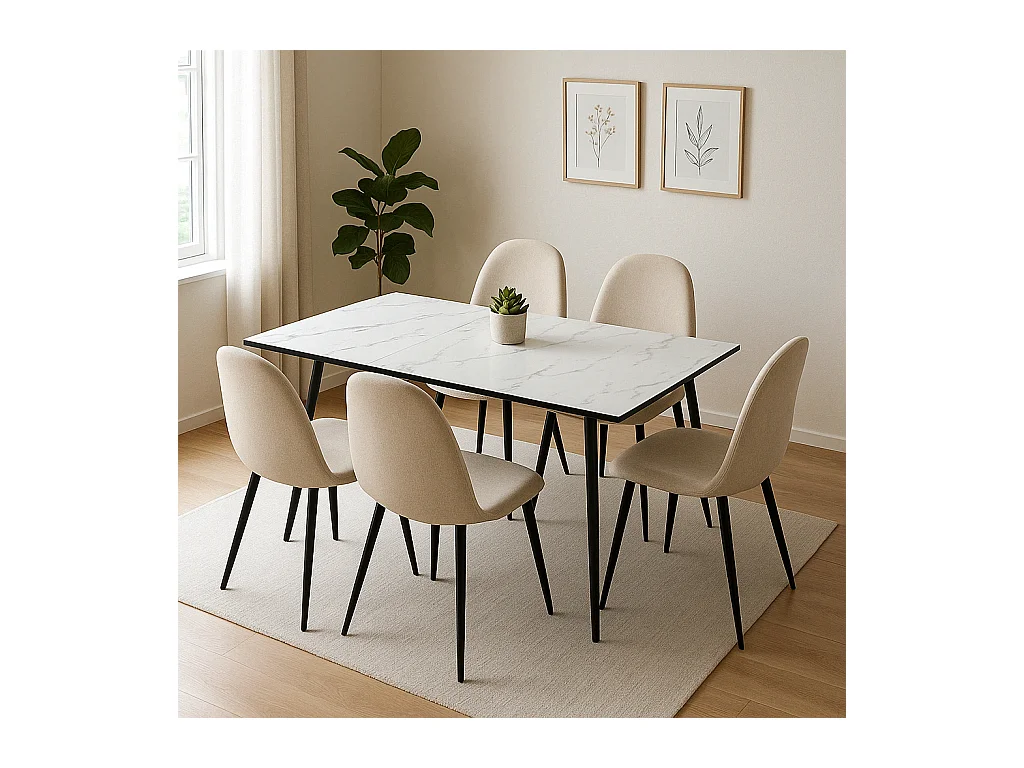 URBAN MEUBLE Ensemble table extensible marbre blanc et 4 chaises tissu beige