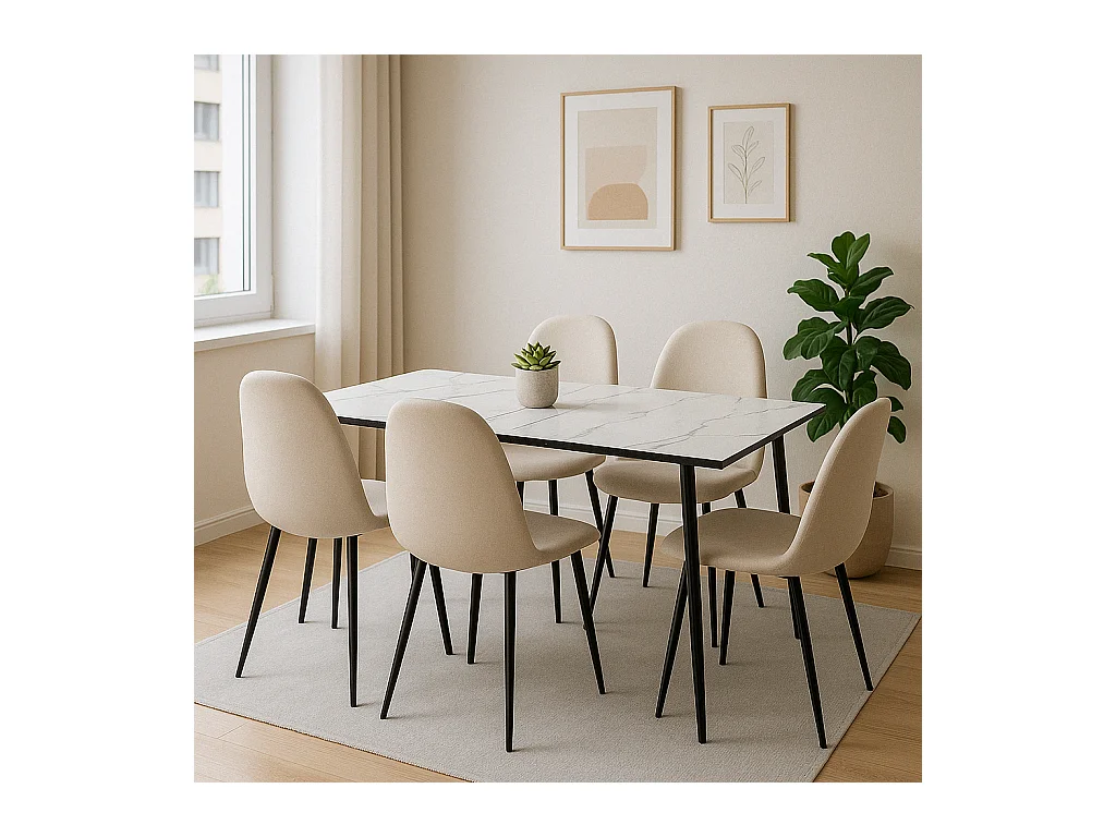 URBAN MEUBLE Ensemble table extensible marbre blanc et 4 chaises tissu beige
