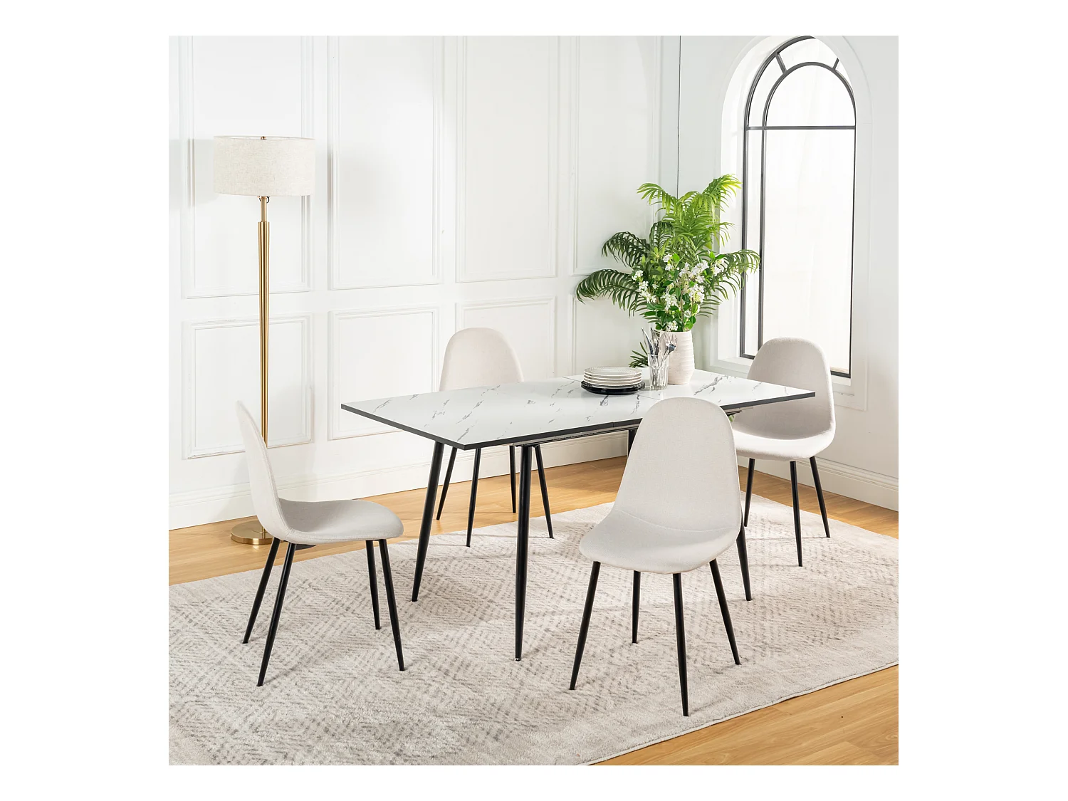 URBAN MEUBLE Ensemble table extensible marbre blanc et 4 chaises tissu beige