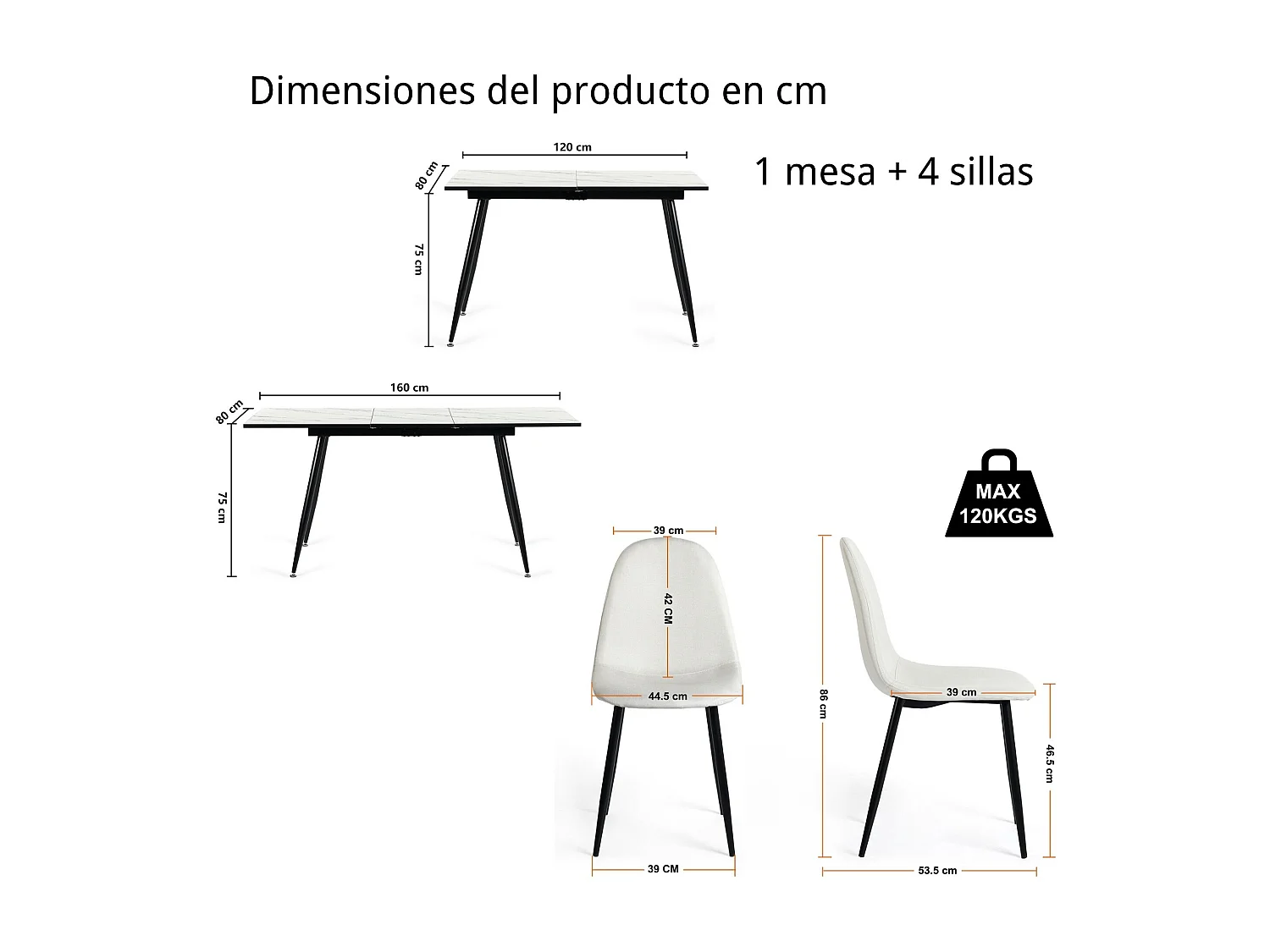 URBAN MEUBLE Ensemble table extensible marbre blanc et 4 chaises tissu beige