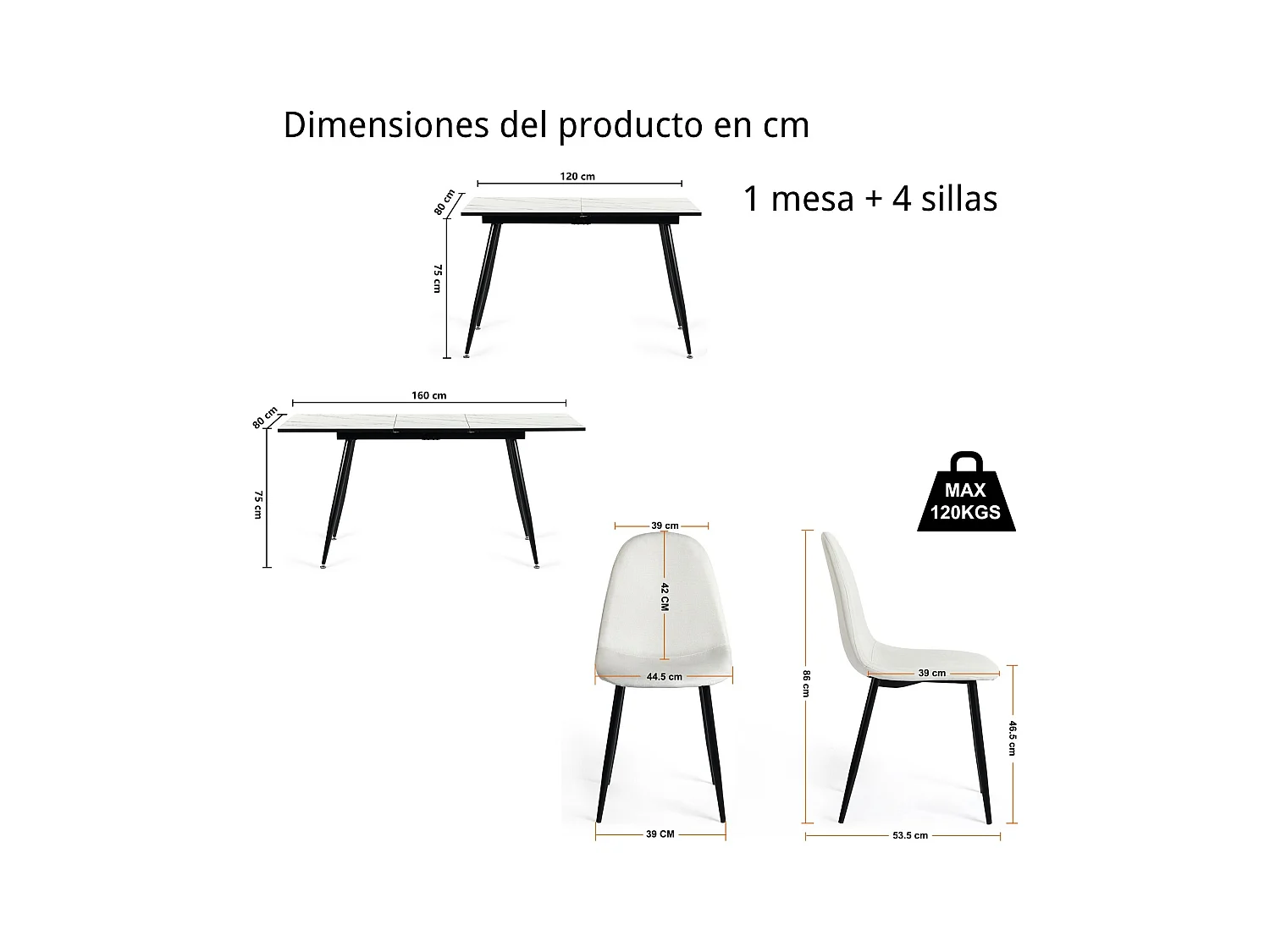 URBAN MEUBLE Ensemble table extensible marbre blanc et 4 chaises tissu beige