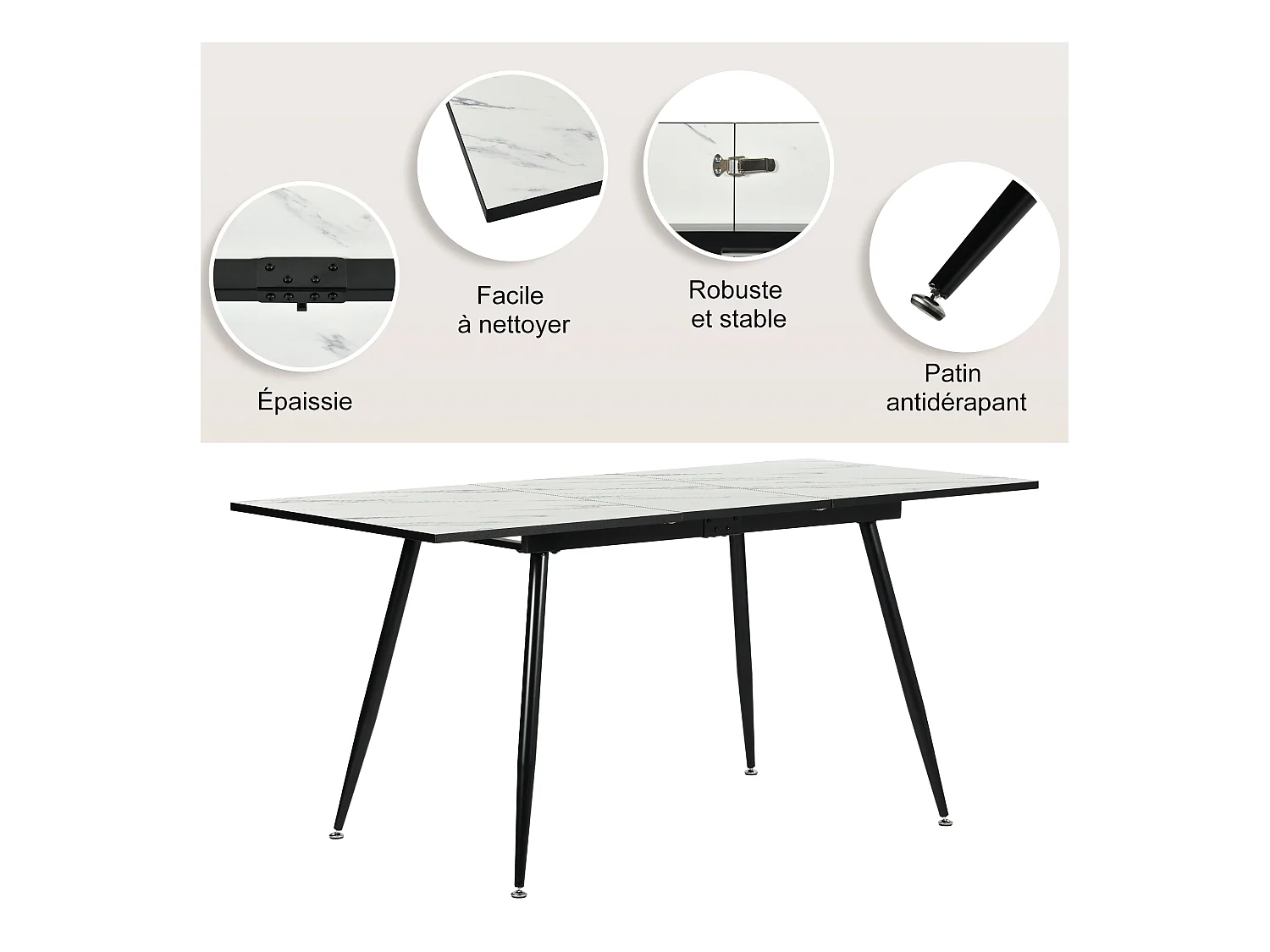 URBAN MEUBLE Ensemble table extensible marbre blanc et 4 chaises tissu beige