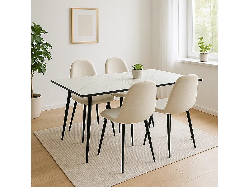 URBAN MEUBLE Ensemble table extensible marbre blanc et 4 chaises tissu beige