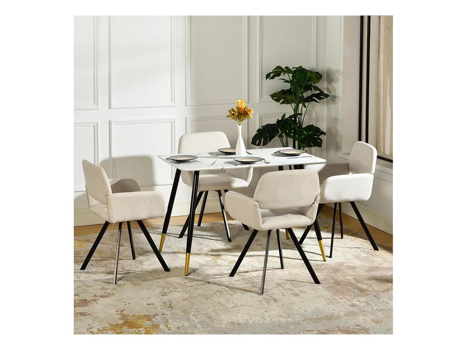 URBAN MEUBLE Ensemble table marbre blanc et 4 chaises tissu beige