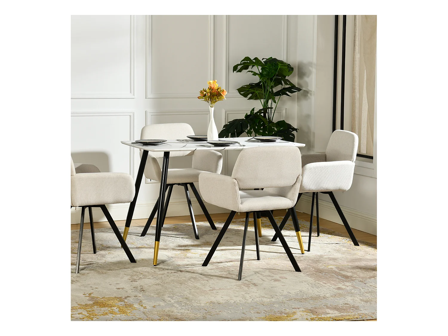 URBAN MEUBLE Ensemble table marbre blanc et 4 chaises tissu beige