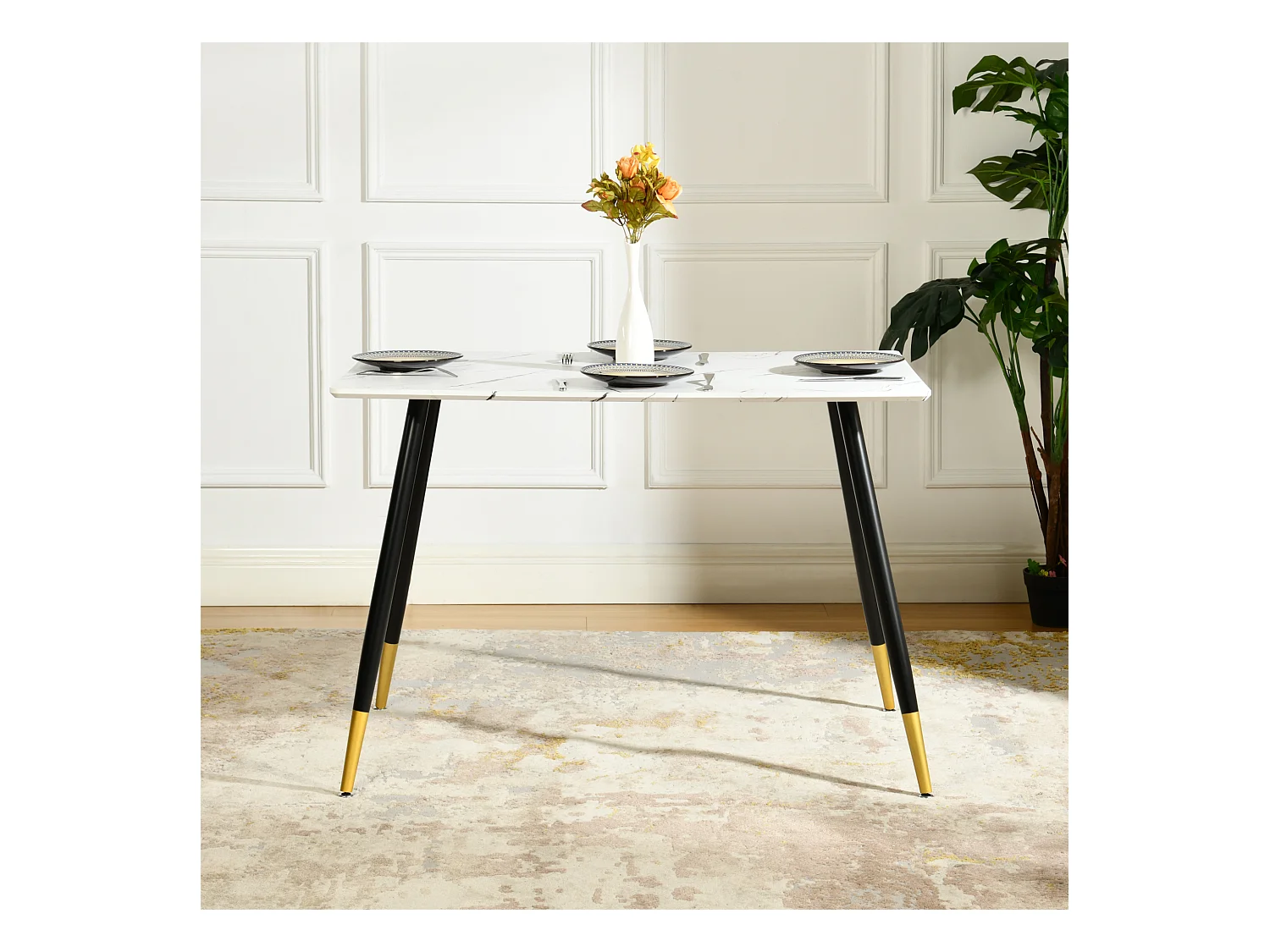 URBAN MEUBLE Ensemble table marbre blanc et 4 chaises tissu beige