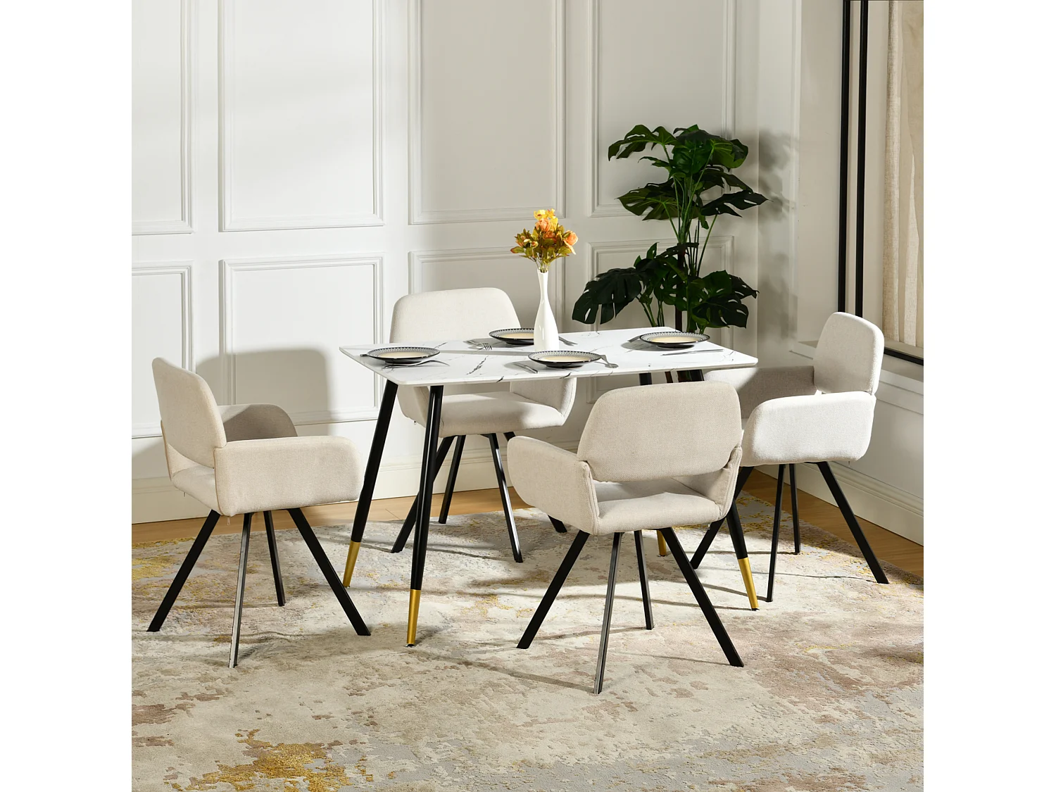 URBAN MEUBLE Ensemble table marbre blanc et 4 chaises tissu beige
