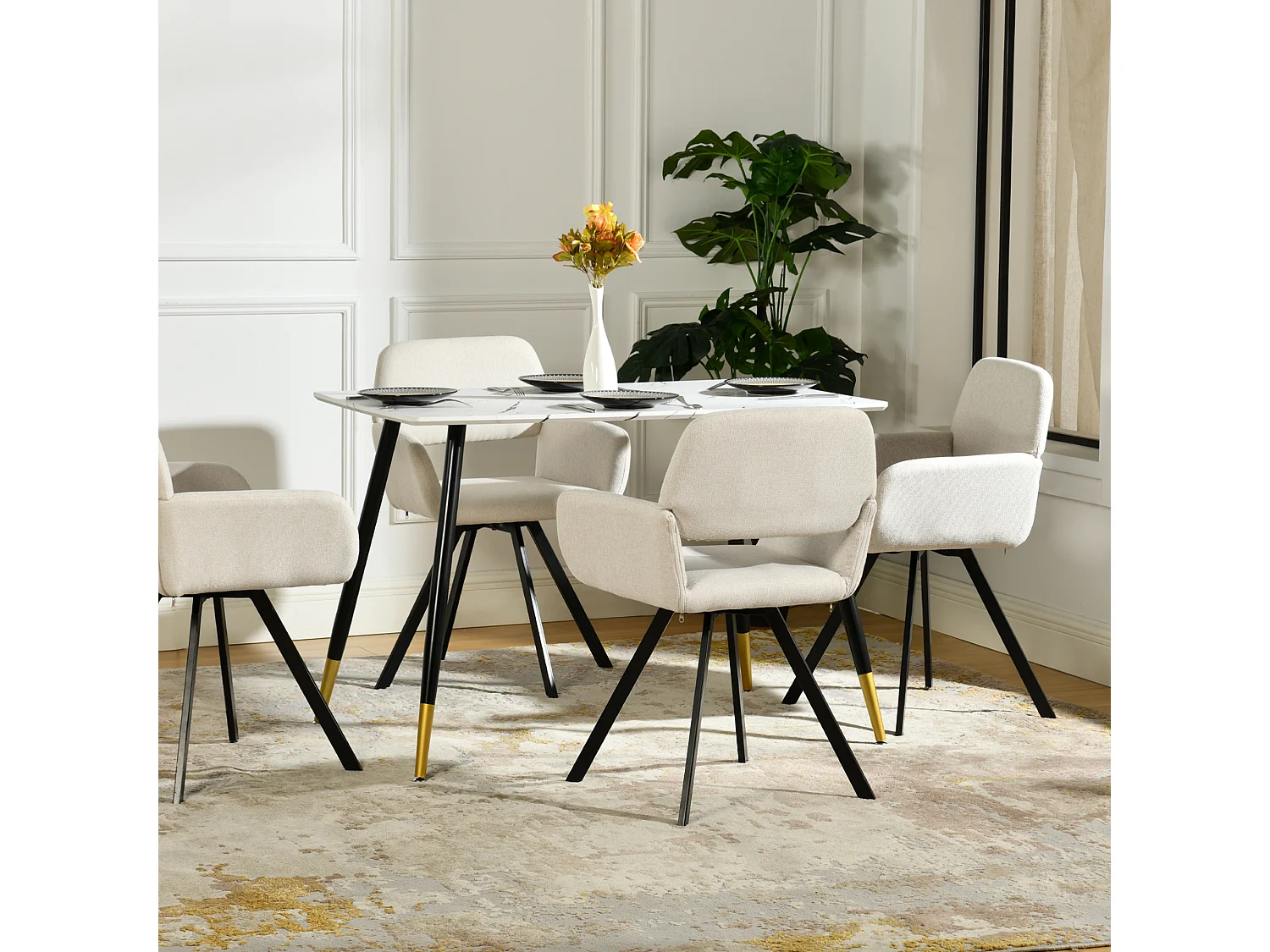 URBAN MEUBLE Ensemble table marbre blanc et 4 chaises tissu beige