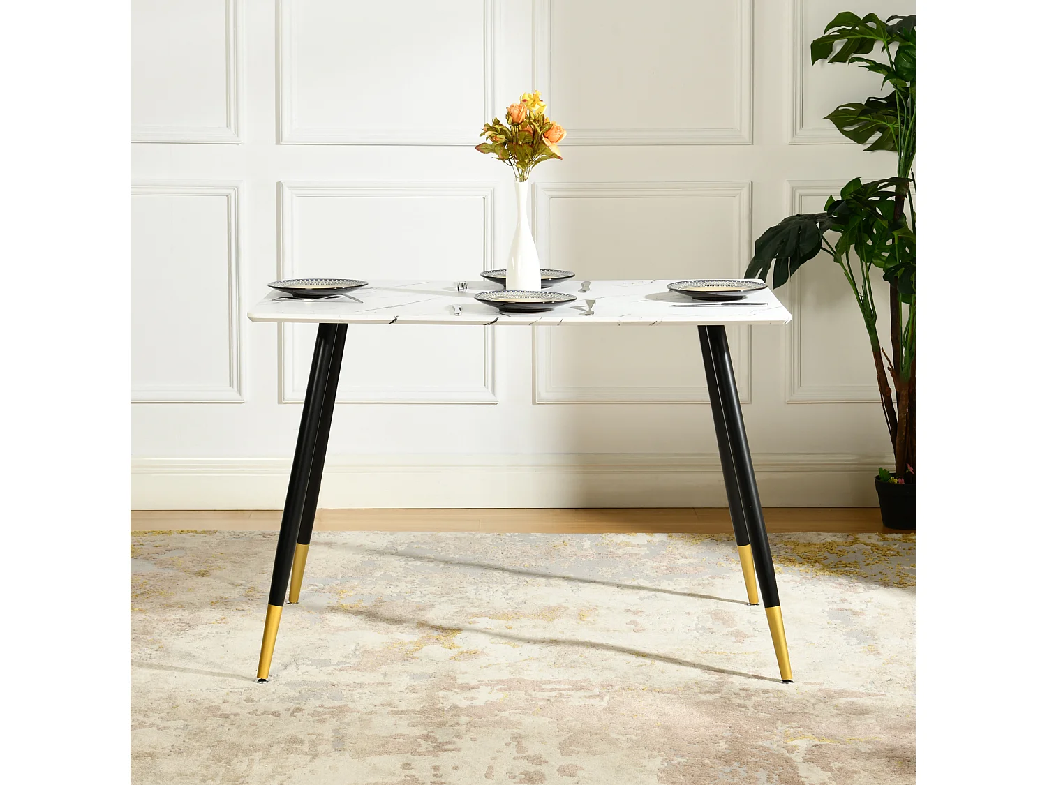 URBAN MEUBLE Ensemble table marbre blanc et 4 chaises tissu beige