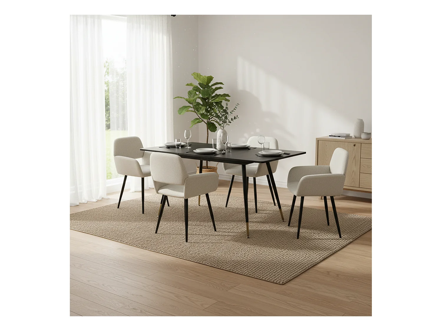 URBAN MEUBLE Ensemble table extensible bois foncé et 4 chaises tissu beige