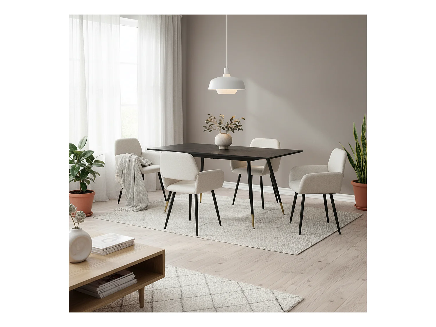 URBAN MEUBLE Ensemble table extensible bois foncé et 4 chaises tissu beige