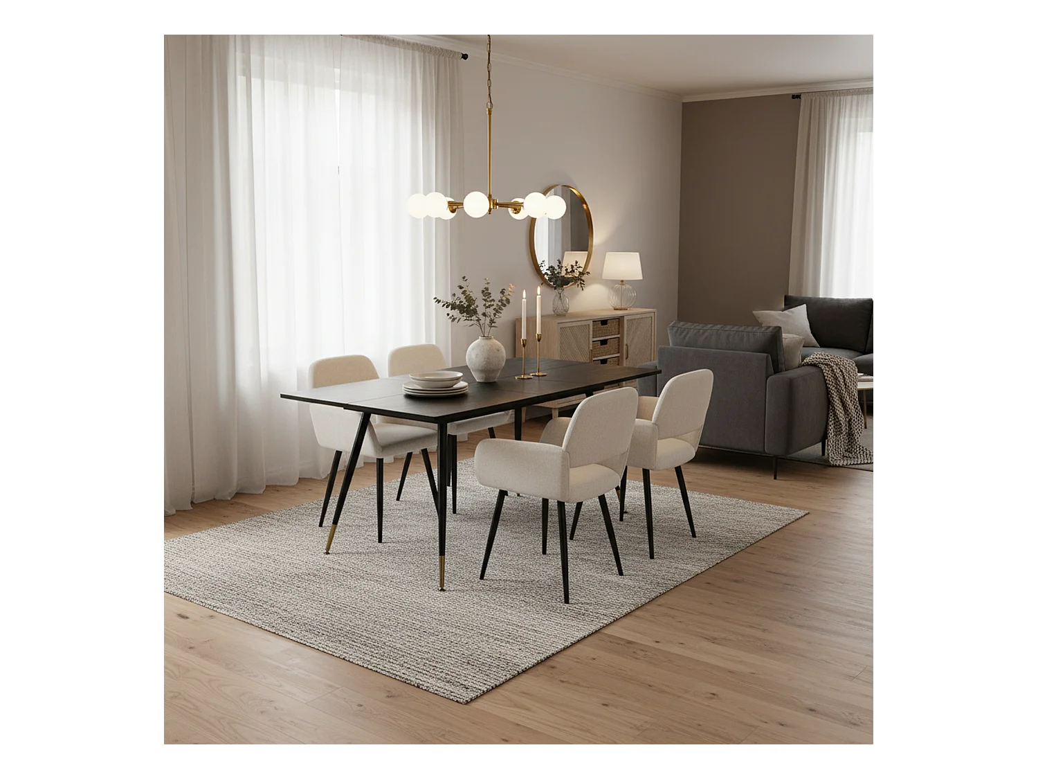 URBAN MEUBLE Ensemble table extensible bois foncé et 4 chaises tissu beige