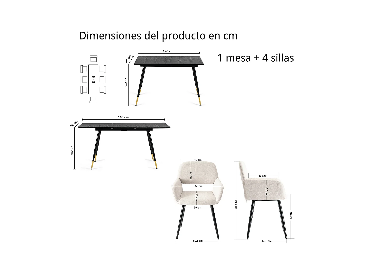 URBAN MEUBLE Ensemble table extensible bois foncé et 4 chaises tissu beige