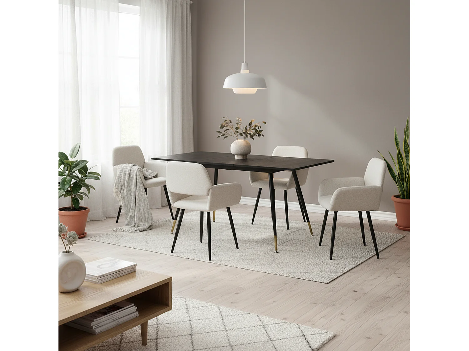 URBAN MEUBLE Ensemble table extensible bois foncé et 4 chaises tissu beige