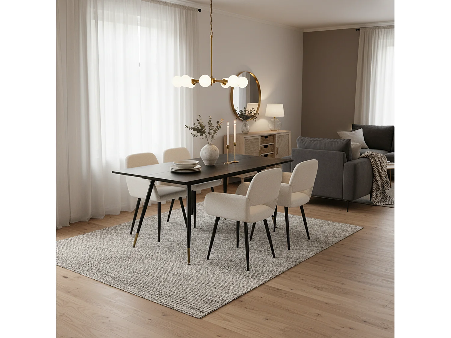 URBAN MEUBLE Ensemble table extensible bois foncé et 4 chaises tissu beige