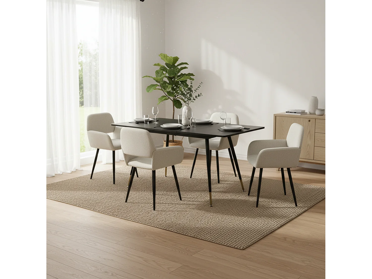 URBAN MEUBLE Ensemble table extensible bois foncé et 4 chaises tissu beige
