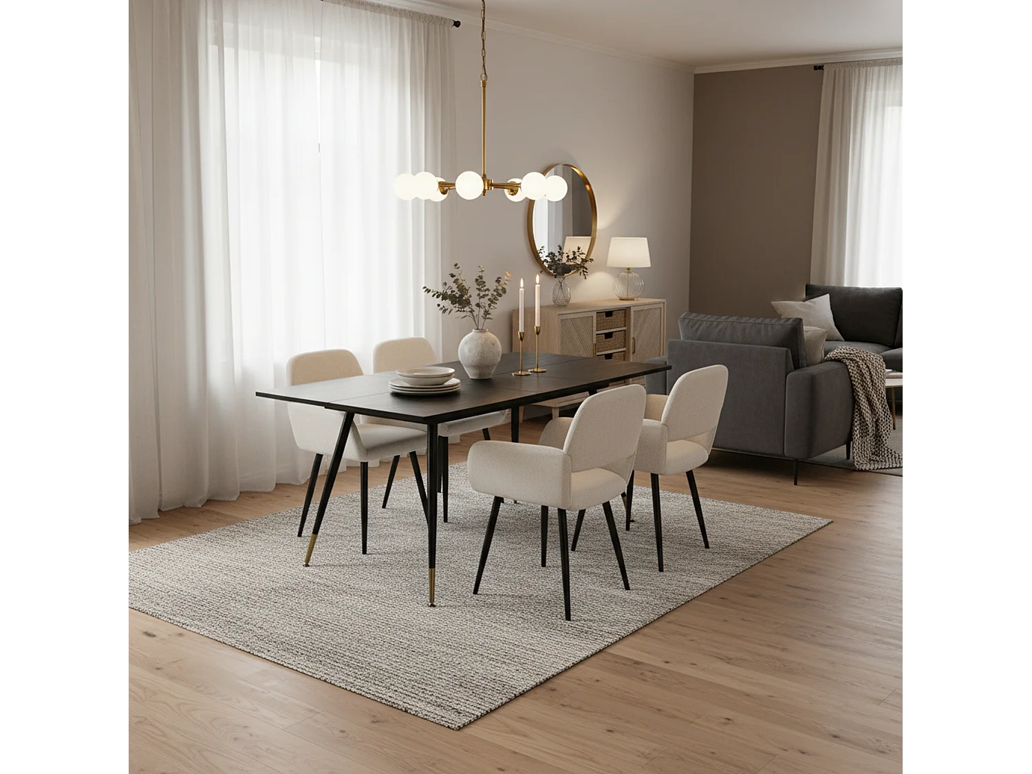 URBAN MEUBLE Ensemble table extensible bois foncé et 4 chaises tissu beige