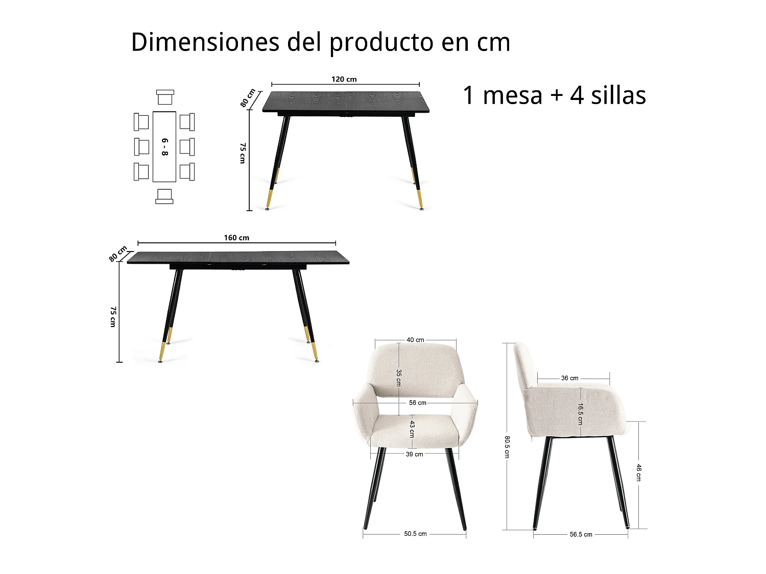 URBAN MEUBLE Ensemble table extensible bois foncé et 4 chaises tissu beige