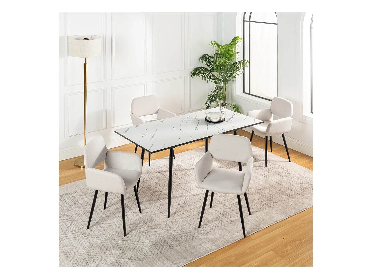 URBAN MEUBLE Ensemble table extensible marbre blanc et 4 chaises beige avec accoudoirs