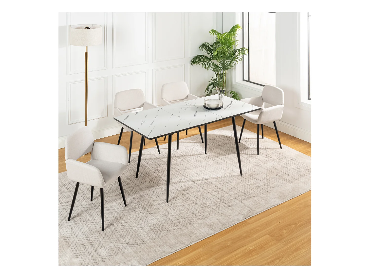 URBAN MEUBLE Ensemble table extensible marbre blanc et 4 chaises beige avec accoudoirs