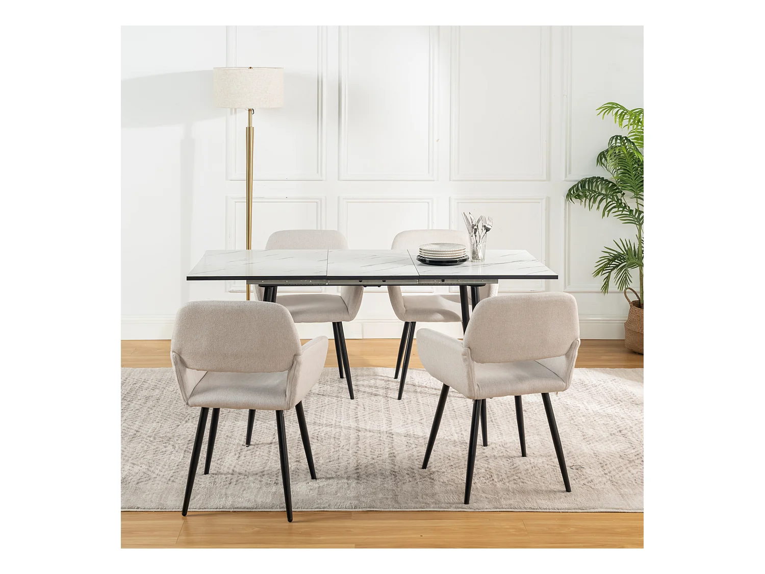 URBAN MEUBLE Ensemble table extensible marbre blanc et 4 chaises beige avec accoudoirs