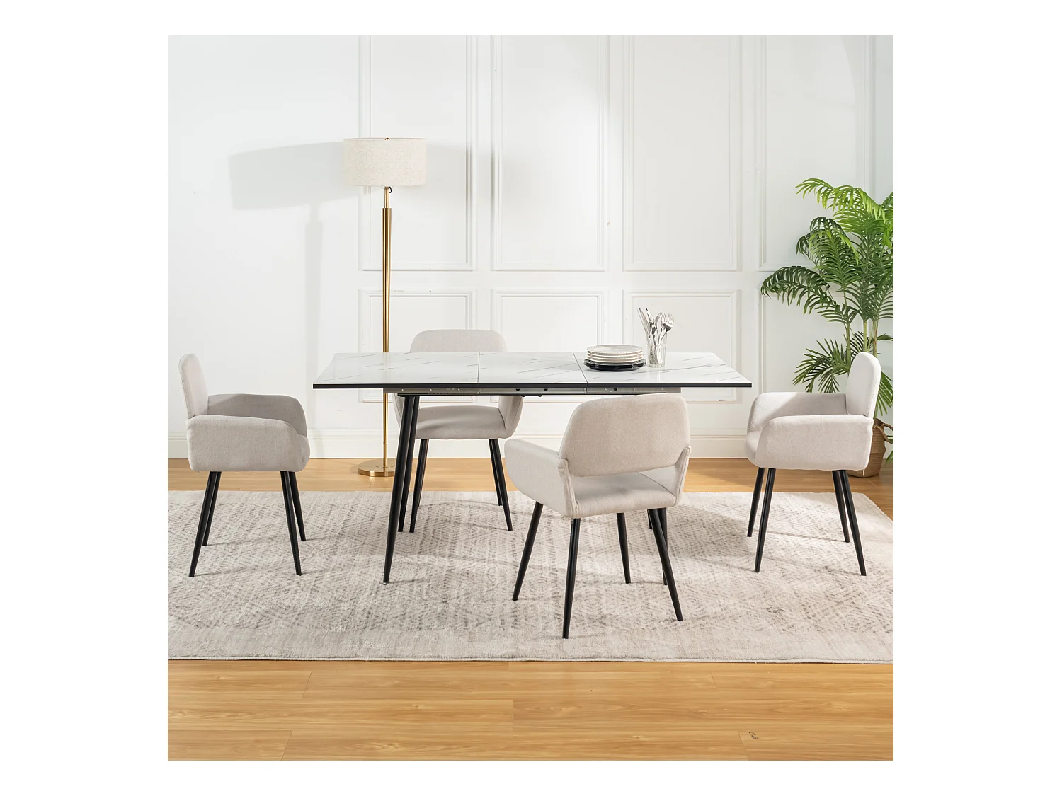 URBAN MEUBLE Ensemble table extensible marbre blanc et 4 chaises beige avec accoudoirs