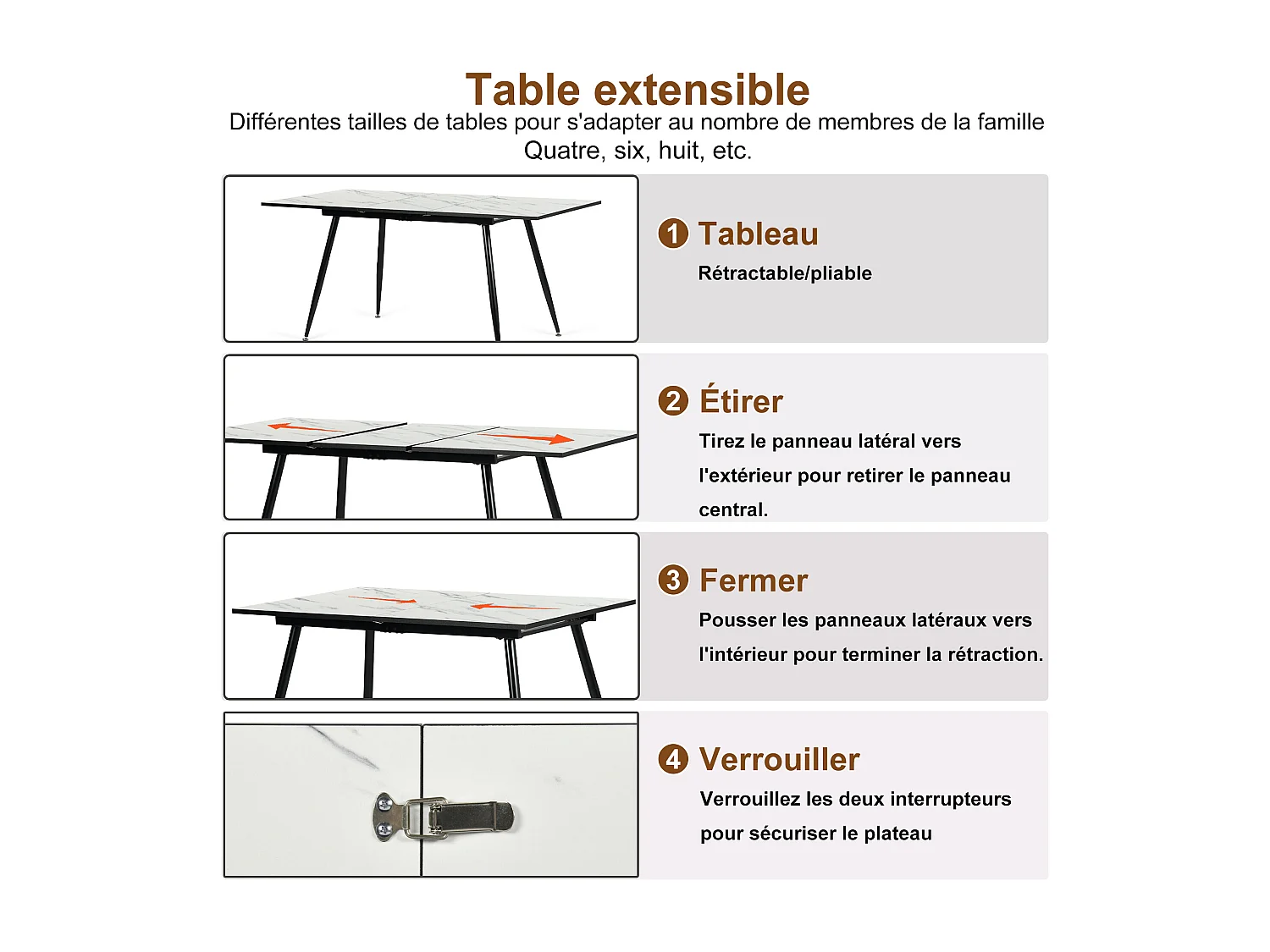 URBAN MEUBLE Ensemble table extensible marbre blanc et 4 chaises beige avec accoudoirs