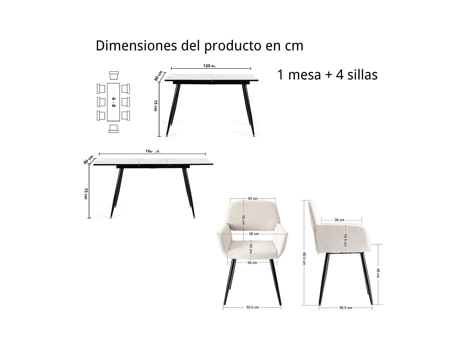 URBAN MEUBLE Ensemble table extensible marbre blanc et 4 chaises beige avec accoudoirs