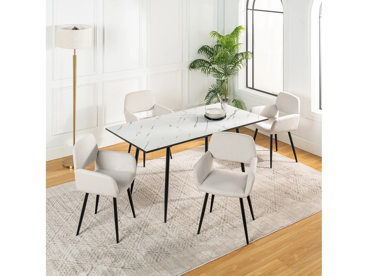 URBAN MEUBLE Ensemble table extensible marbre blanc et 4 chaises beige avec accoudoirs