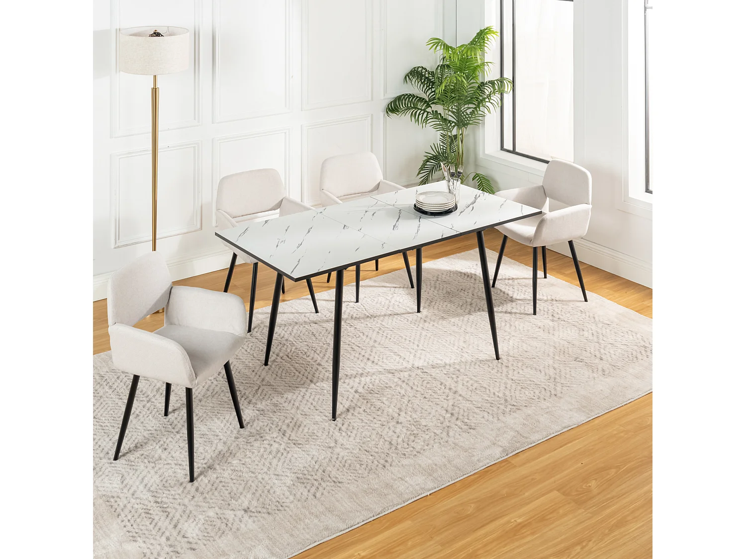 URBAN MEUBLE Ensemble table extensible marbre blanc et 4 chaises beige avec accoudoirs