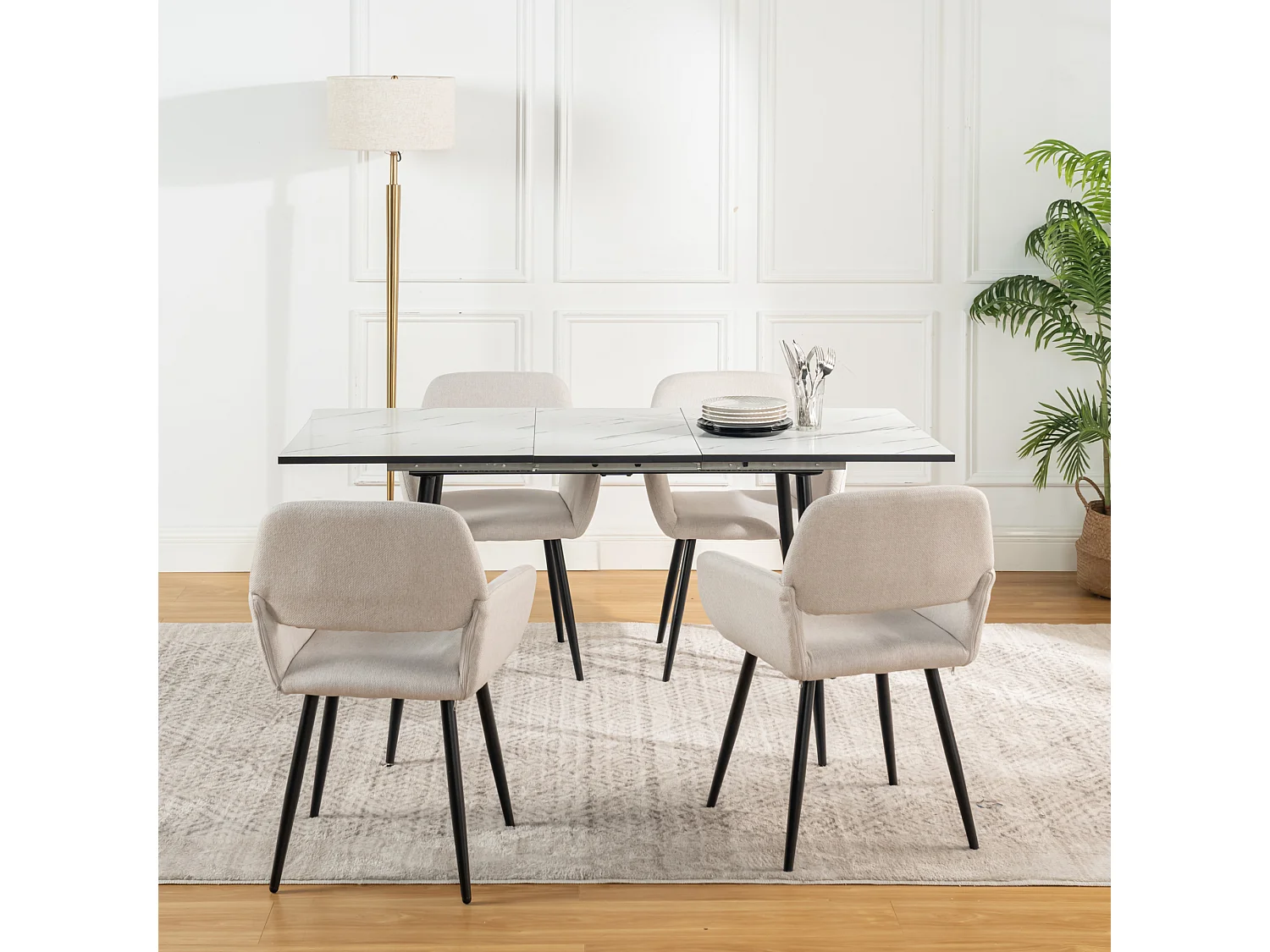 URBAN MEUBLE Ensemble table extensible marbre blanc et 4 chaises beige avec accoudoirs