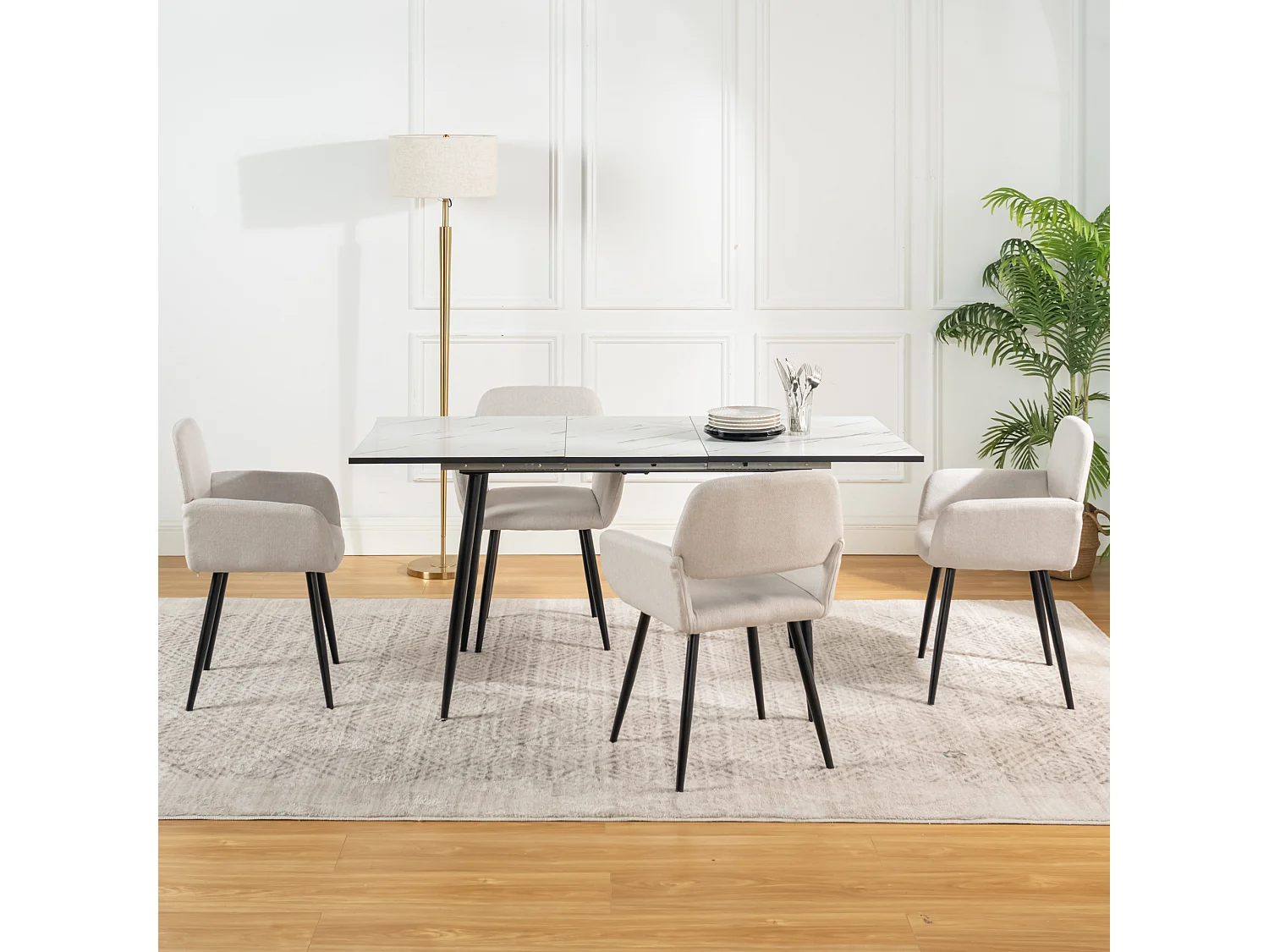 URBAN MEUBLE Ensemble table extensible marbre blanc et 4 chaises beige avec accoudoirs