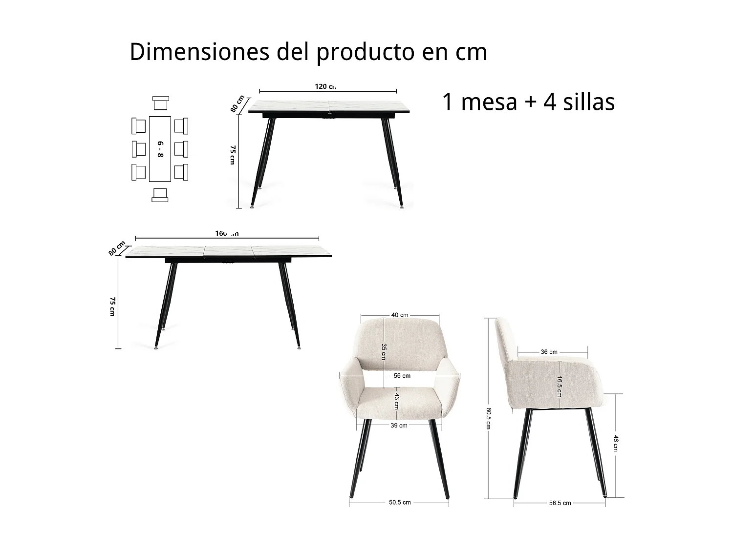 URBAN MEUBLE Ensemble table extensible marbre blanc et 4 chaises beige avec accoudoirs