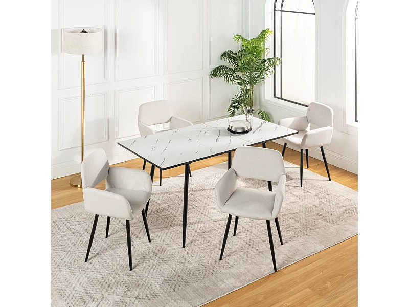 URBAN MEUBLE Ensemble table extensible marbre blanc et 4 chaises beige avec accoudoirs