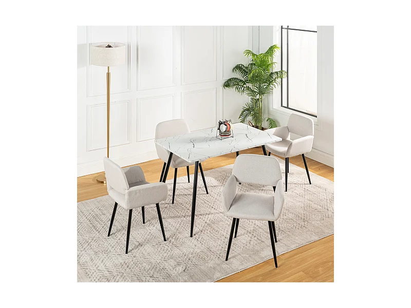 URBAN MEUBLE Ensemble table effet marbre blanc et 4 chaises tissu beige