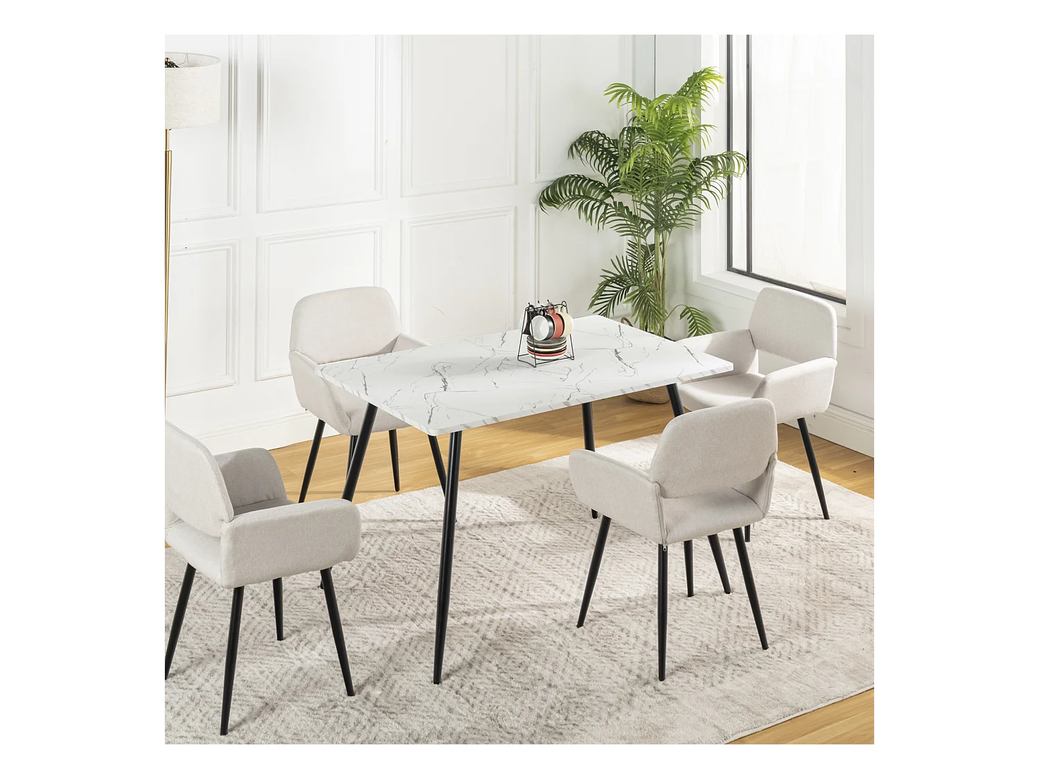 URBAN MEUBLE Ensemble table effet marbre blanc et 4 chaises tissu beige