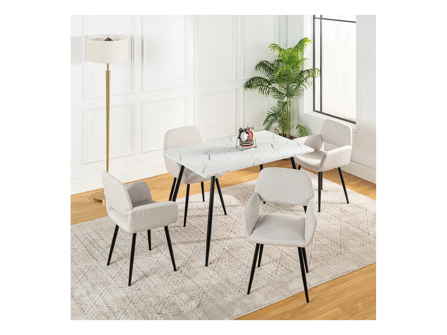 URBAN MEUBLE Ensemble table effet marbre blanc et 4 chaises tissu beige