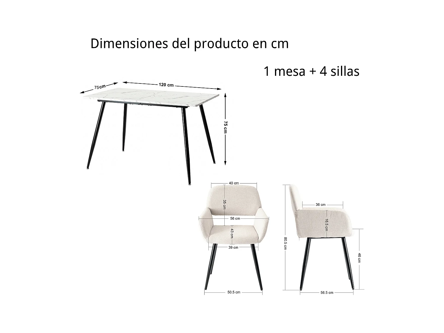 URBAN MEUBLE Ensemble table effet marbre blanc et 4 chaises tissu beige