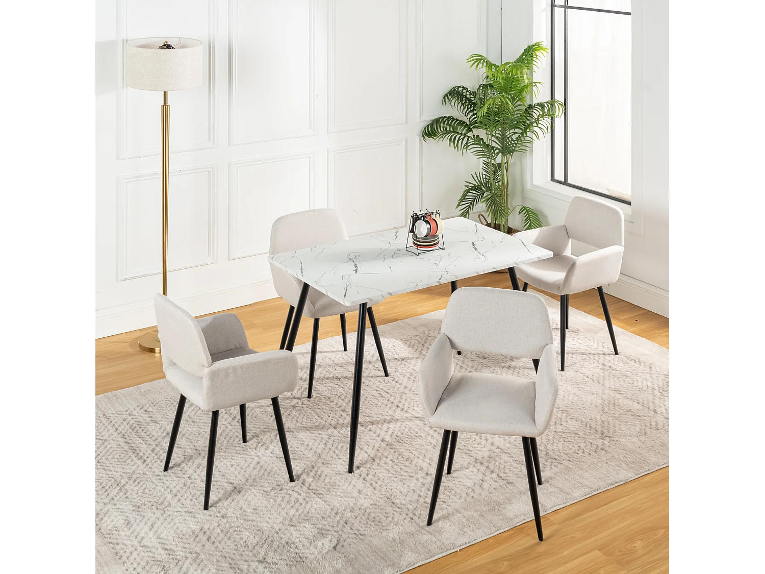 URBAN MEUBLE Ensemble table effet marbre blanc et 4 chaises tissu beige